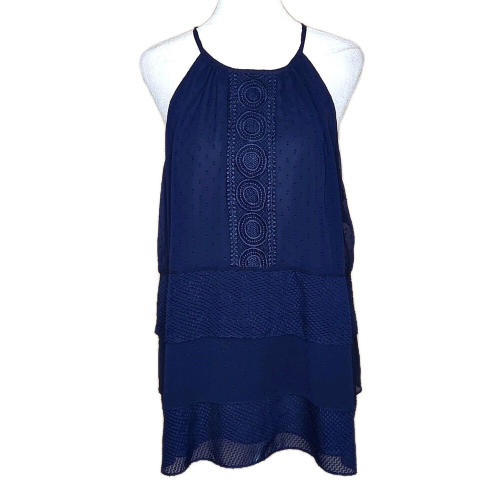 White House Black Market Halter Tunic Top Large Navy Blue Tiered Swiss Dot Boho